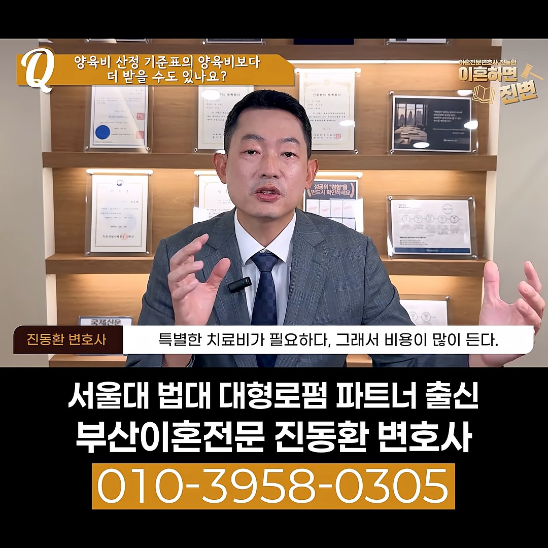 아이 질환으로 특별한 치료비가 드는 경우 양육비 가산을 설명하는 장면