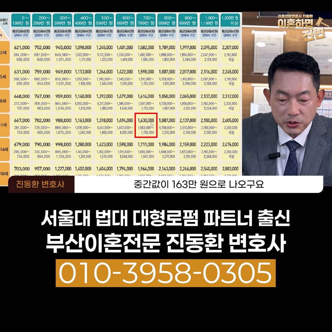 양육비 계산 실전 사례에서 700만~799만 원 열의 9~11세 표준양육비 163만 원을 찾는 장면 - 부산이혼전문변호사 진동환