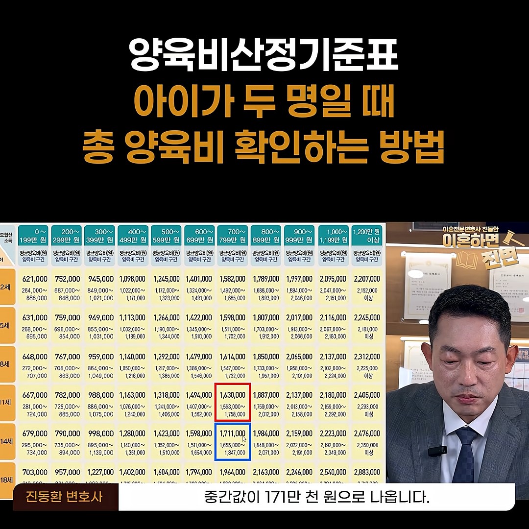 양육비 산정기준표 700만~799만 원 열에서 9~11세 163만 원과 12~14세 171만 1,000원을 표시한 장면